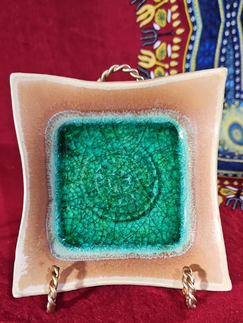 Handmade Studio Pottery Square Trinket Dish Green Fused Crackle Glass Signed RT